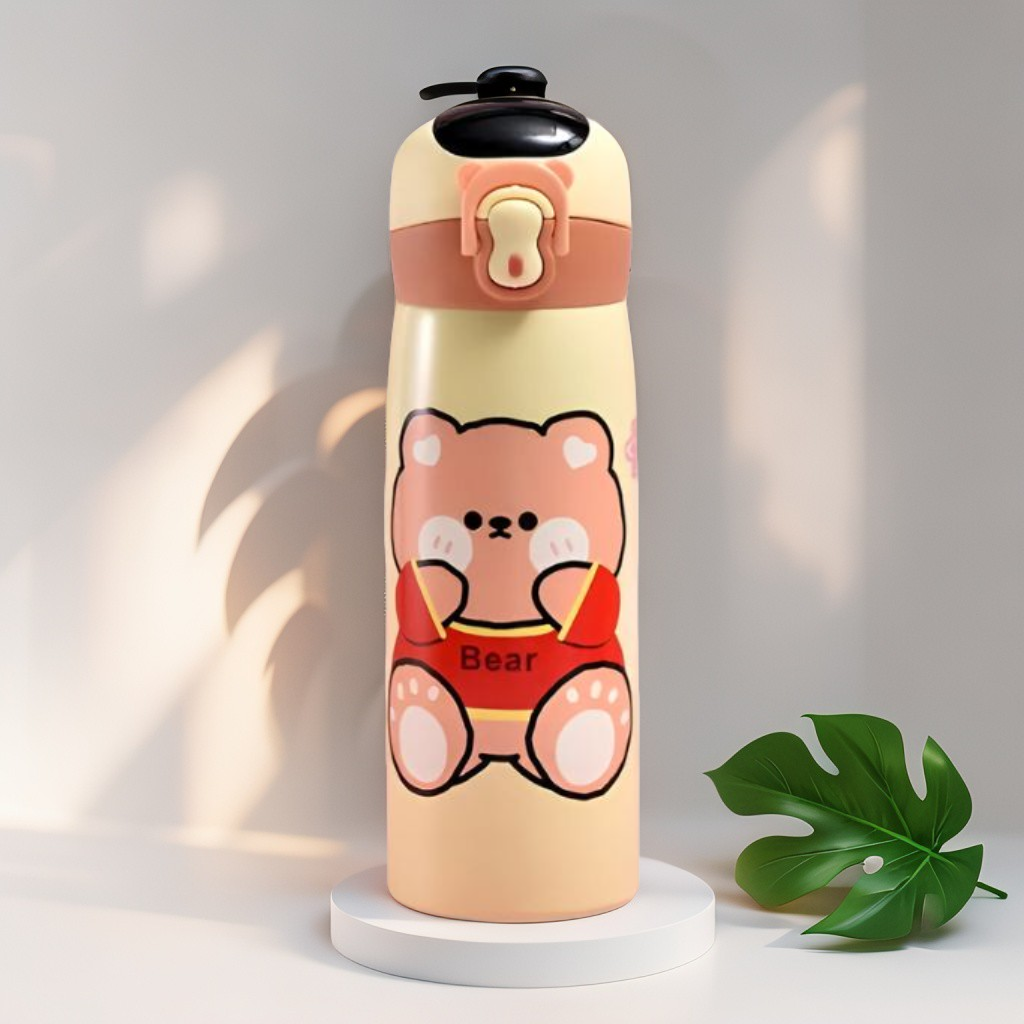 Yellow - WildSip – Cute Animal Print Temperature Water Bottle – 450ml Stainless Steel Push Button Sipper for Kids & Adults NOV8341.