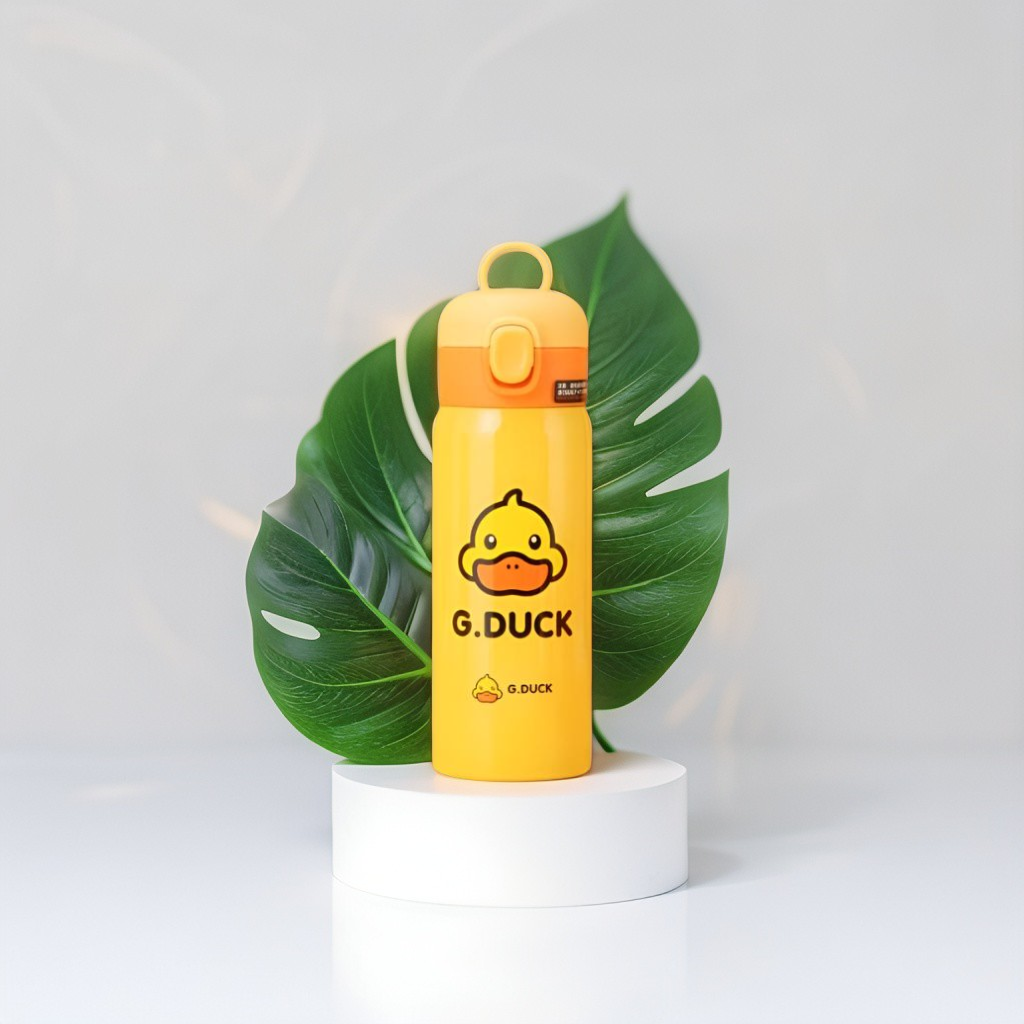 CuteQuack – Cute Duck Print Temperature Water Bottle for Kids | 450ml Stainless Steel Push Button Flask NOV8340.