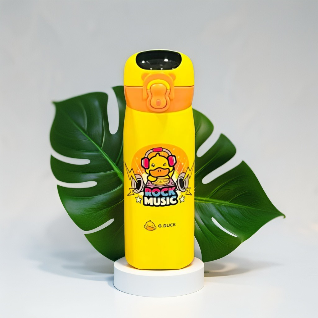 Rock Music - CuteQuack – Cute Duck Print Temperature Water Bottle for Kids | 450ml Stainless Steel Push Button Flask NOV8340.