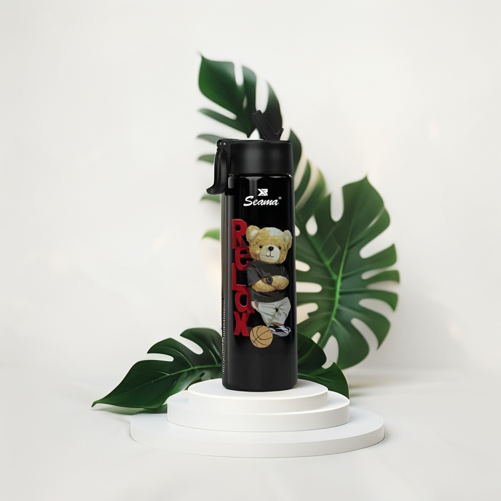 Black - Snugbear –  Stylish Bear Print Stainless Steel Water Bottle – 500ml Push Button Leak-Proof Bottle for School & Outdoor Use NOV7121.