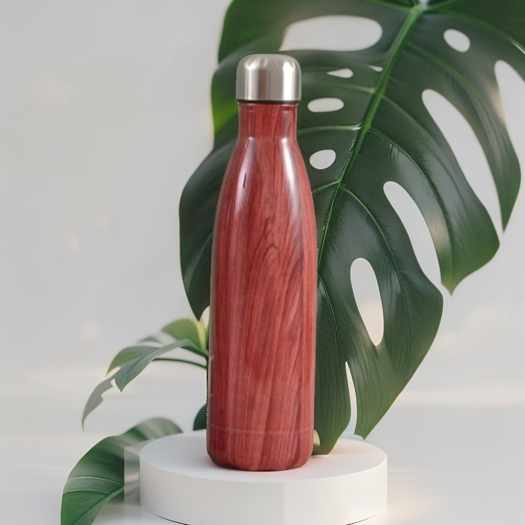 Maroon - Wooden Finish Cap Bottle 500ml – Stainless Steel Water Bottle for Office, Travel & Gym | Leak-Proof & Eco-Friendly NOV8145.
