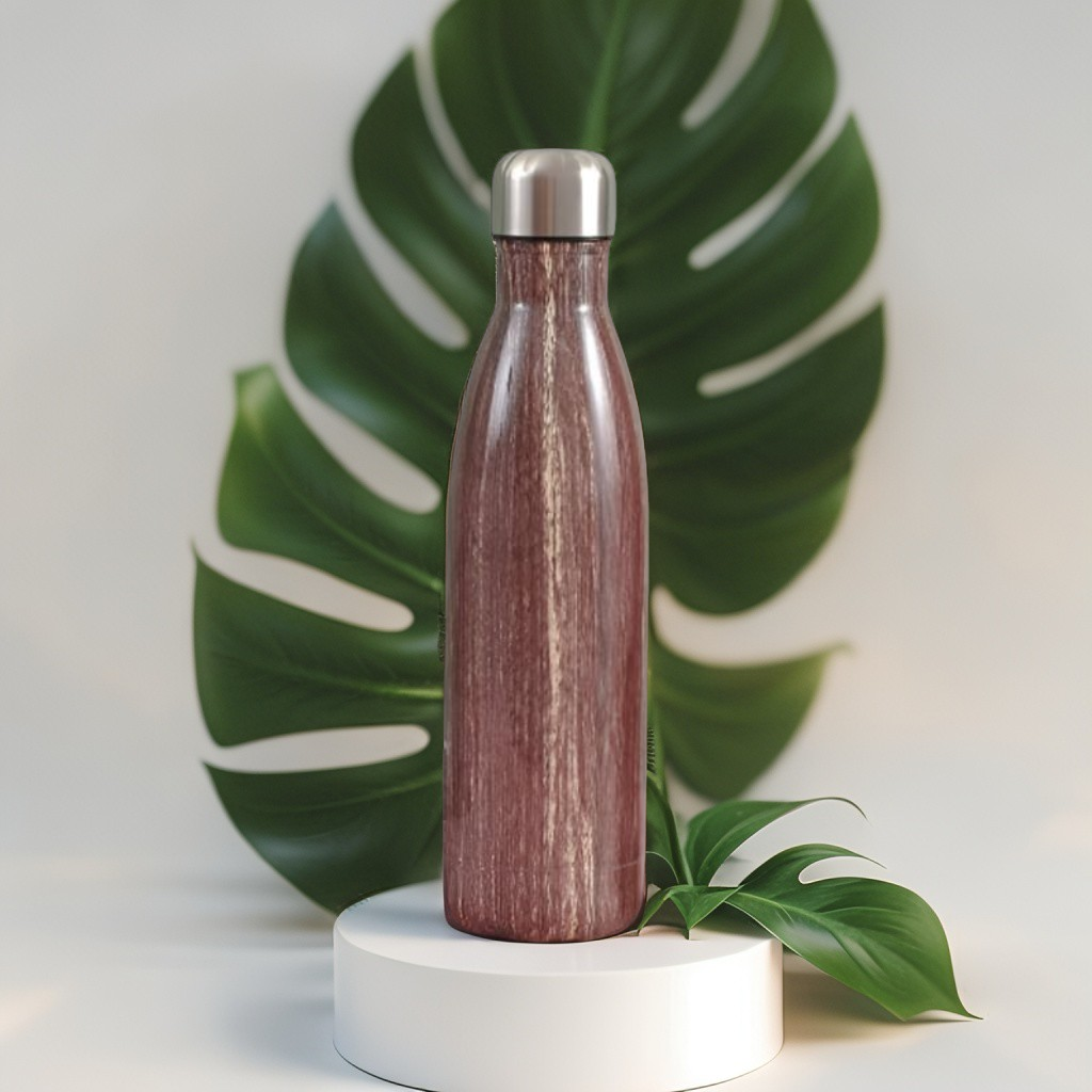 Brown - Wooden Finish Cap Bottle 500ml – Stainless Steel Water Bottle for Office, Travel & Gym | Leak-Proof & Eco-Friendly NOV8145.