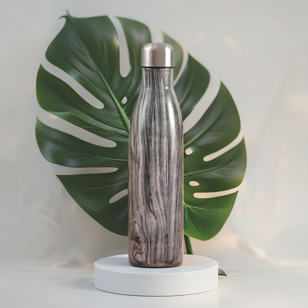 Grey - Wooden Finish Cap Bottle 500ml – Stainless Steel Water Bottle for Office, Travel & Gym | Leak-Proof & Eco-Friendly NOV8145.