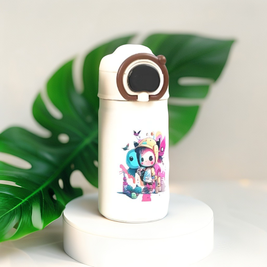 White - Temperature Control Stainless Steel Water Bottle – 550ml Cartoon Aesthetic Design with Push Button Sipper NOV8420.