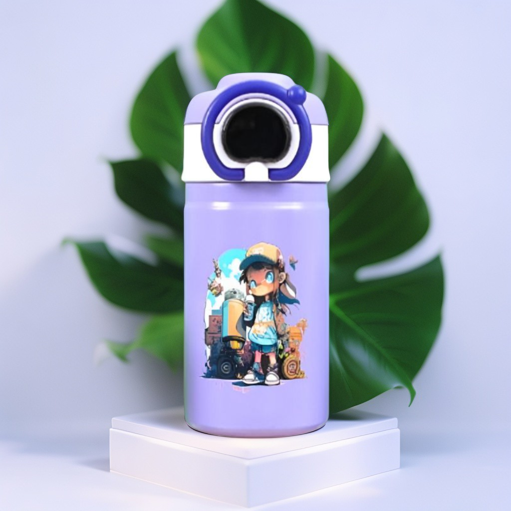 Purple - Temperature Control Stainless Steel Water Bottle – 550ml Cartoon Aesthetic Design with Push Button Sipper NOV8420.