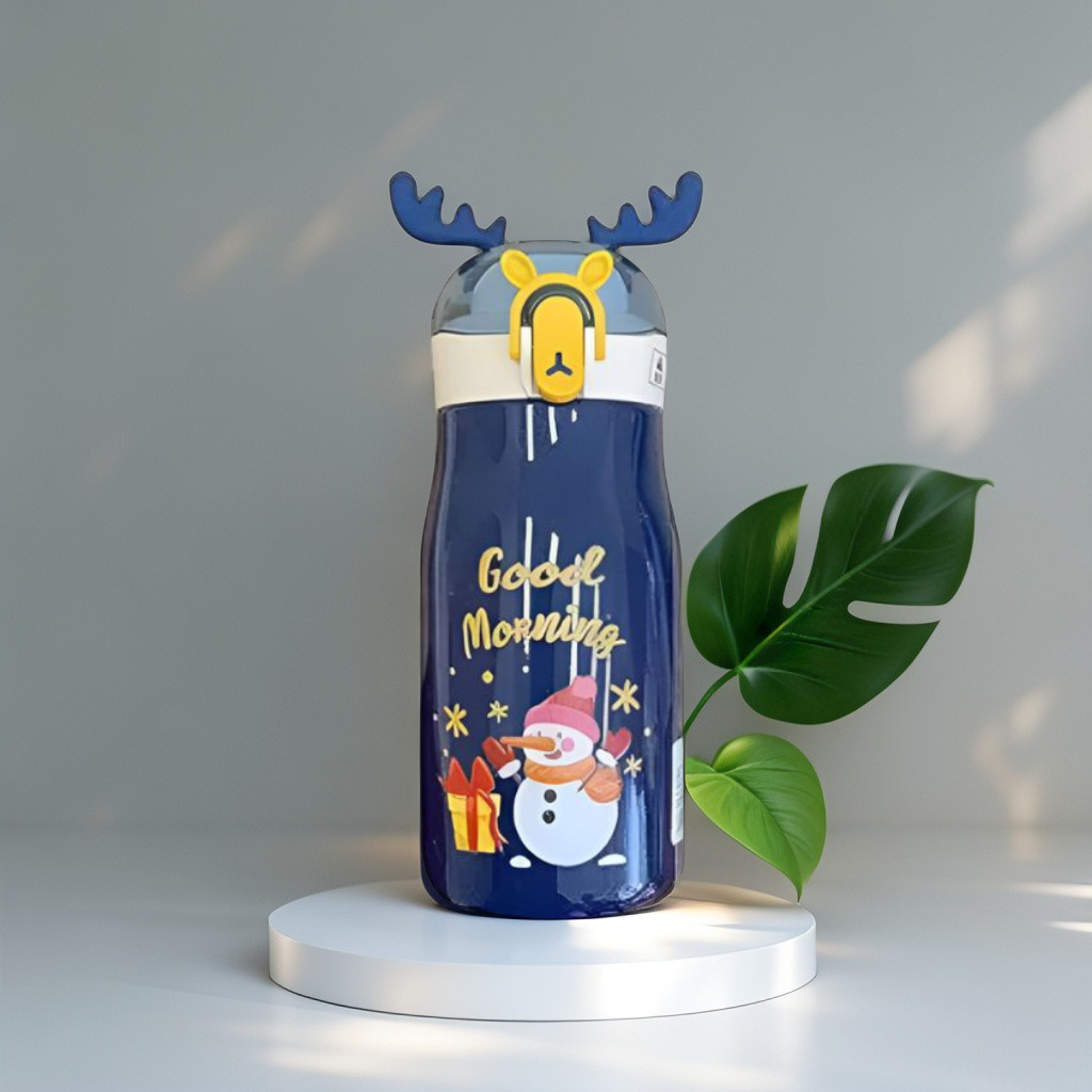 Blue - Rudolph – Christmas Theme Kids Water Bottle 300ml | Cute Reindeer Design on Top | Leakproof & BPA-Free NOV3551.