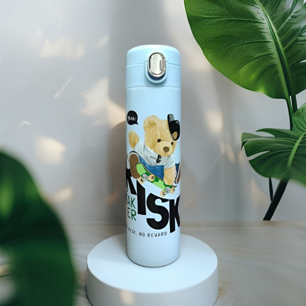 Blue - Snugbear –  Stylish Bear Print Stainless Steel Water Bottle – 500ml Push Button Leak-Proof Bottle for School & Outdoor Use NOV7121.