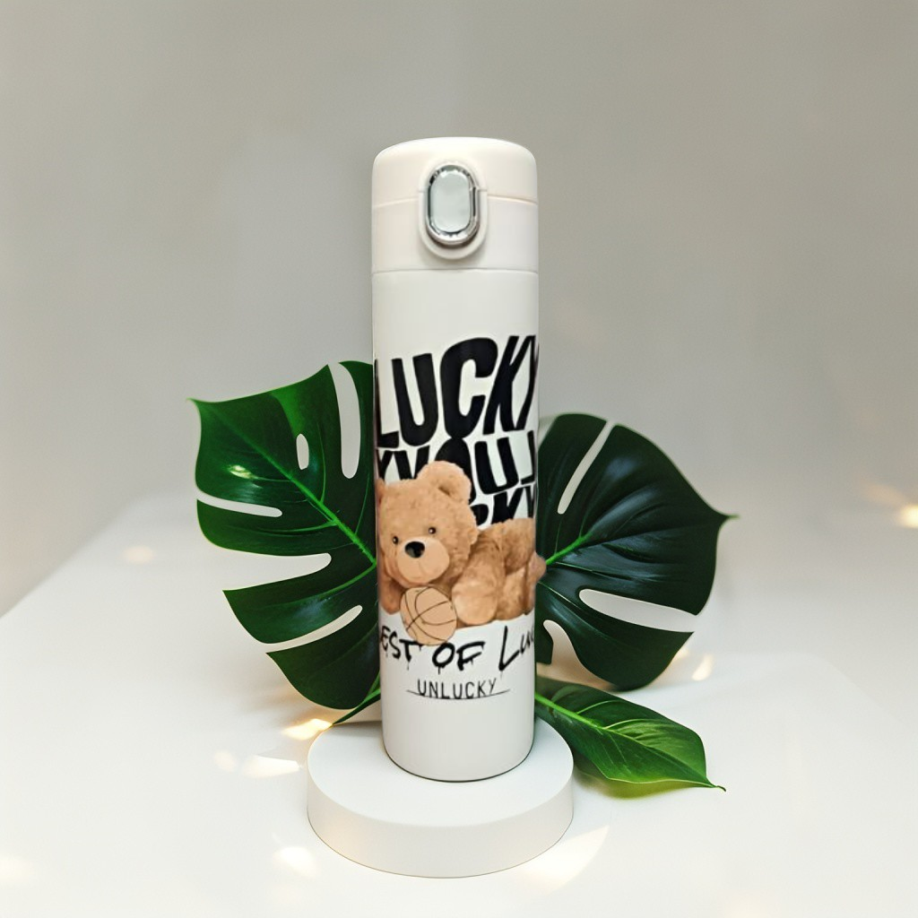 Snugbear –  Stylish Bear Print Stainless Steel Water Bottle – 500ml Push Button Leak-Proof Bottle for School & Outdoor Use NOV7121.