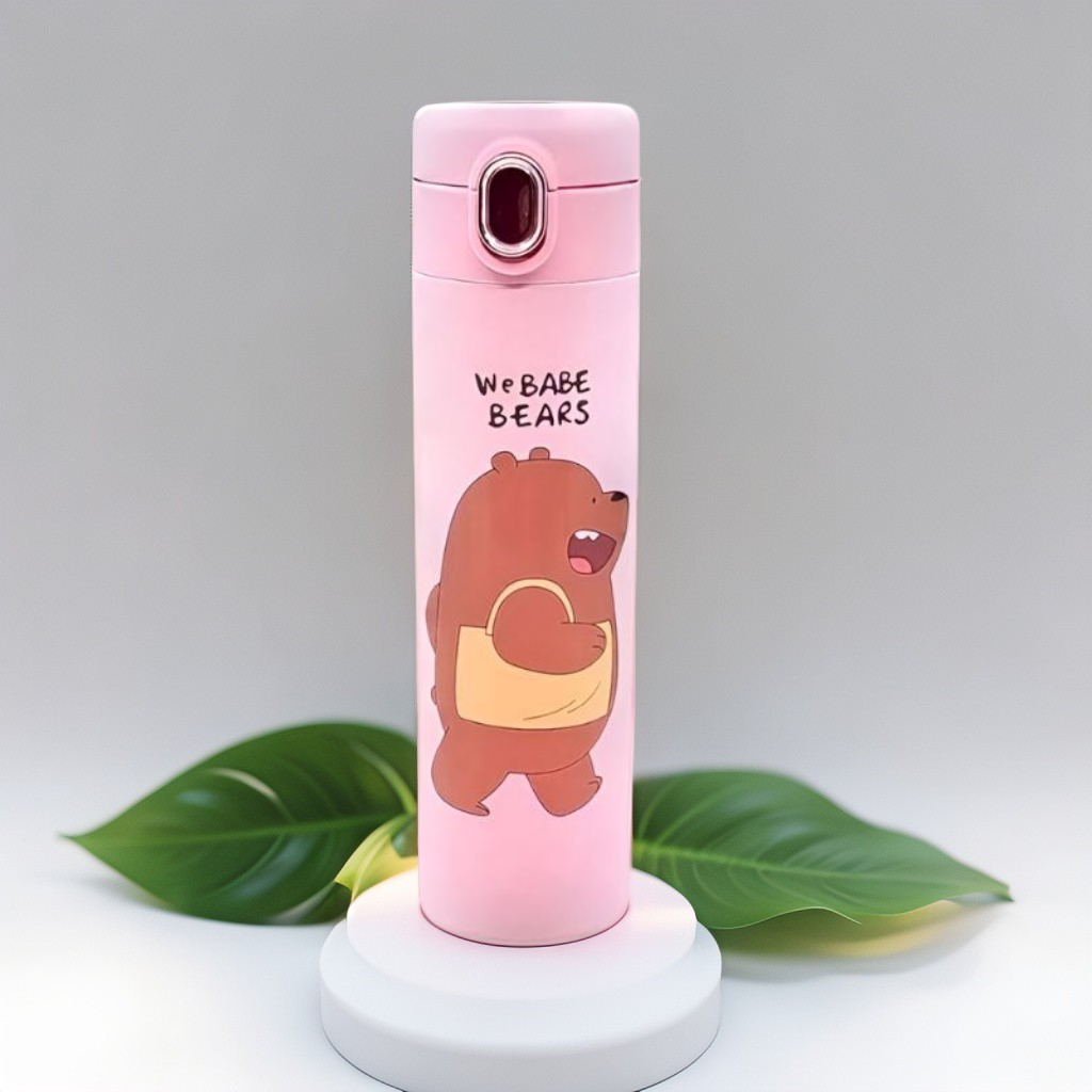 Pink - Zoopy – Cute Print Kids Water Bottle 500ml Stainless Steel with Push Button Lid | Leak-Proof & BPA-Free NOV7104.