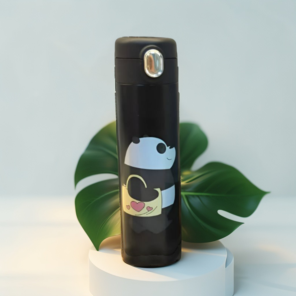 Black - Zoopy – Cute Print Kids Water Bottle 500ml Stainless Steel with Push Button Lid | Leak-Proof & BPA-Free NOV7104.