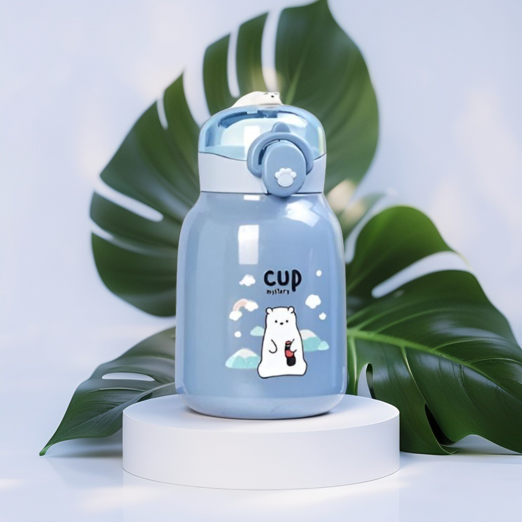 Blue - Mia Cute Bear Print Water Bottle 350ml – Adorable Bear Lid Design, Leak-Proof & Portable NOV3293.