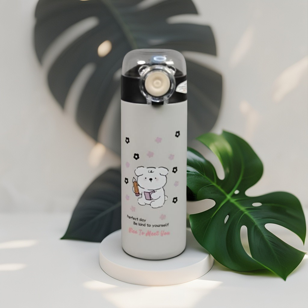 Grey - TailSip Stainless Steel Bottle – 500ml Cute Puppy Design Sipper | Perfect for School & Office NOV11558.