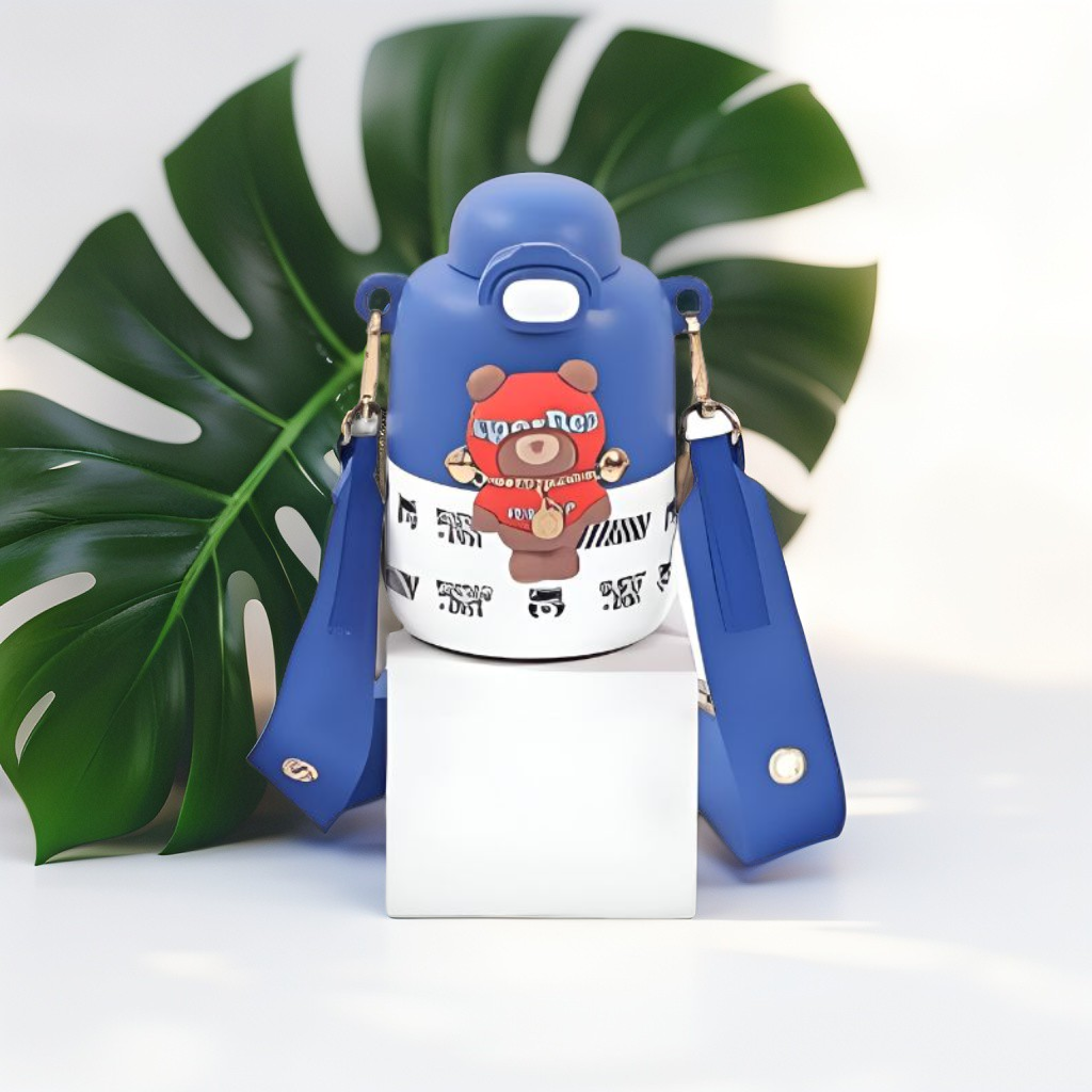 Blue - Super Bear – 430ml Stainless Steel Water Bottle |  Cute Tritan Straw Sipper for Kids | Leak-Proof Cartoon School Bottle for Students & Children NOV4297.