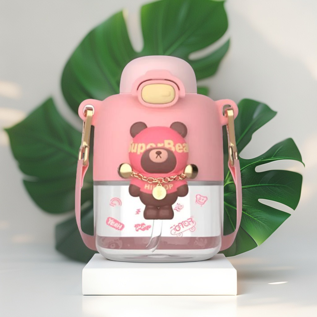 Pink - Super Bear – 430ml Stainless Steel Water Bottle |  Cute Tritan Straw Sipper for Kids | Leak-Proof Cartoon School Bottle for Students & Children NOV4297.
