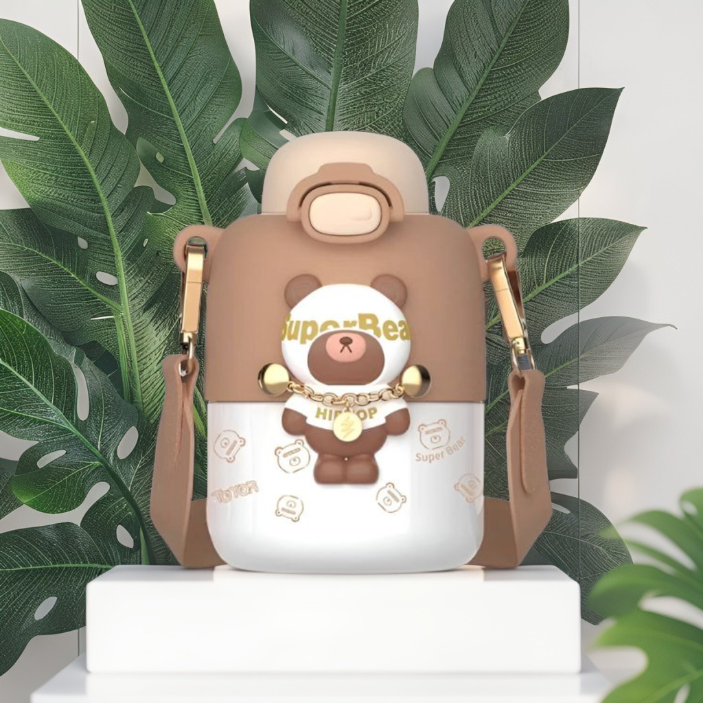 Brown - Super Bear – 430ml Stainless Steel Water Bottle |  Cute Tritan Straw Sipper for Kids | Leak-Proof Cartoon School Bottle for Students & Children NOV4297.