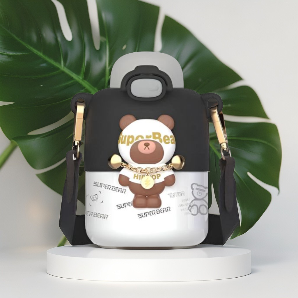 Super Bear – 430ml Stainless Steel Water Bottle |  Cute Tritan Straw Sipper for Kids | Leak-Proof Cartoon School Bottle for Students & Children NOV4297.