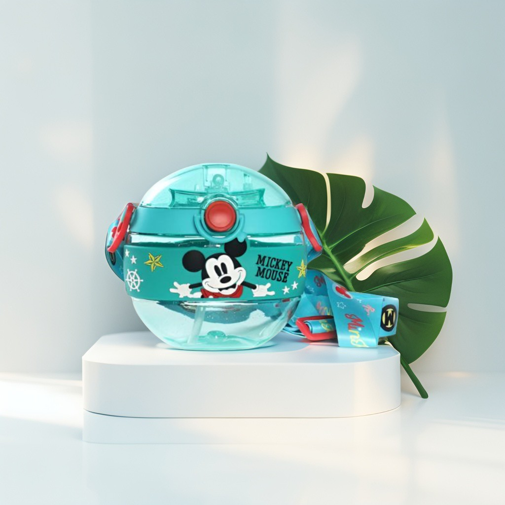 Turquoise - Disney Cartoon Donut Shape Sipper Water Bottle for Kids – 420ML BPA Free, Leakproof, Lightweight, Push Button, with Strap – Ideal for School Use NOV10477.