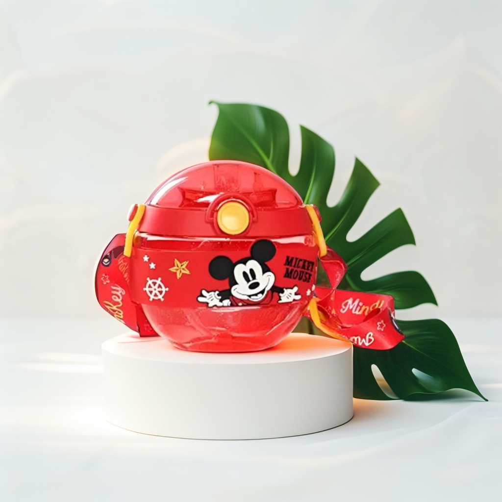 Red - Disney Cartoon Donut Shape Sipper Water Bottle for Kids – 420ML BPA Free, Leakproof, Lightweight, Push Button, with Strap – Ideal for School Use NOV10477.