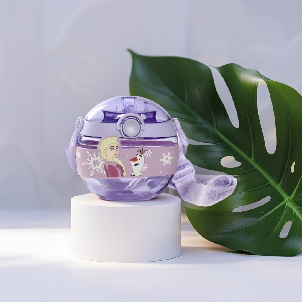 Purple - Disney Cartoon Donut Shape Sipper Water Bottle for Kids – 420ML BPA Free, Leakproof, Lightweight, Push Button, with Strap – Ideal for School Use NOV10477.