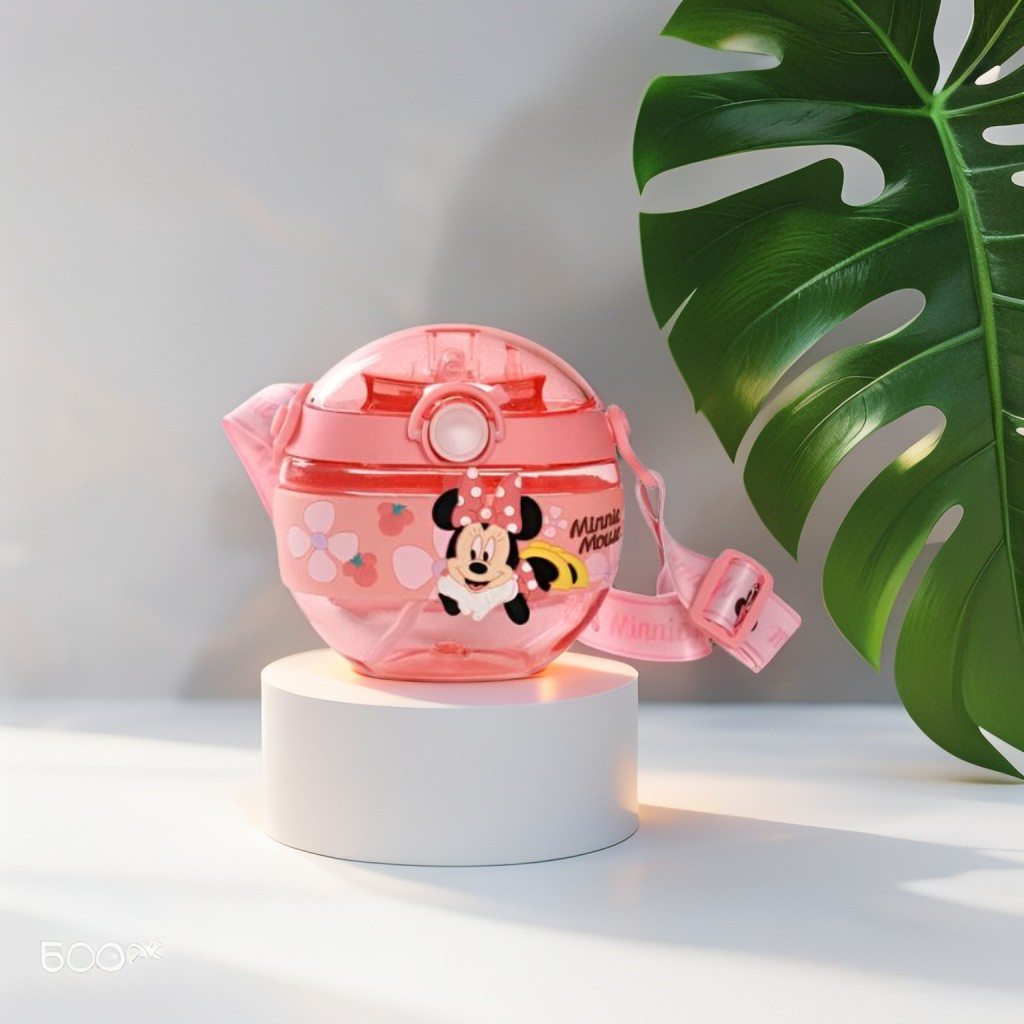 Disney Cartoon Donut Shape Sipper Water Bottle for Kids – 420ML BPA Free, Leakproof, Lightweight, Push Button, with Strap – Ideal for School Use NOV10477.