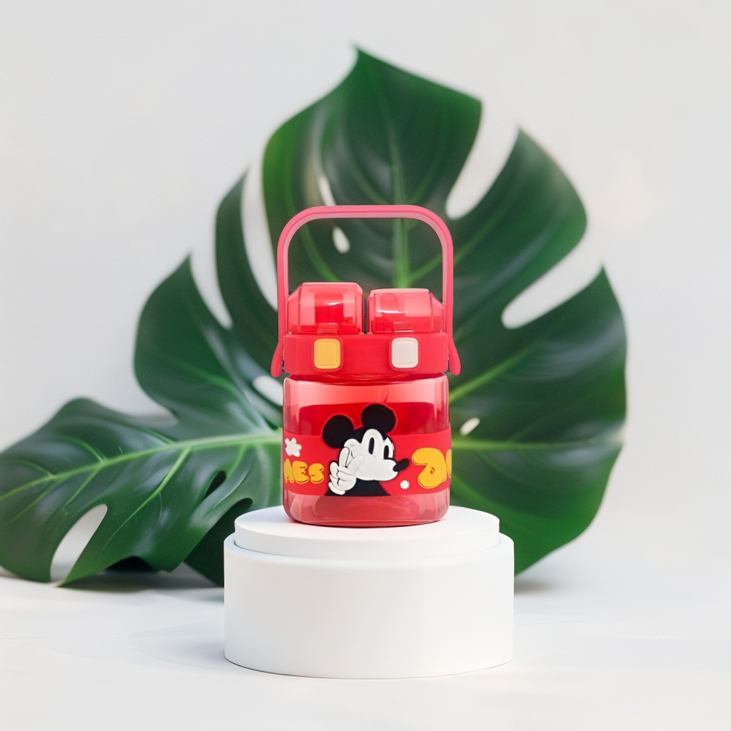 Red - Disney Cartoon 2-in-1 Kids Water Bottle 600ml – Push Button Sipper + Straw | Leakproof Plastic Bottle with Neck Strap for School & Travel NOV10374.