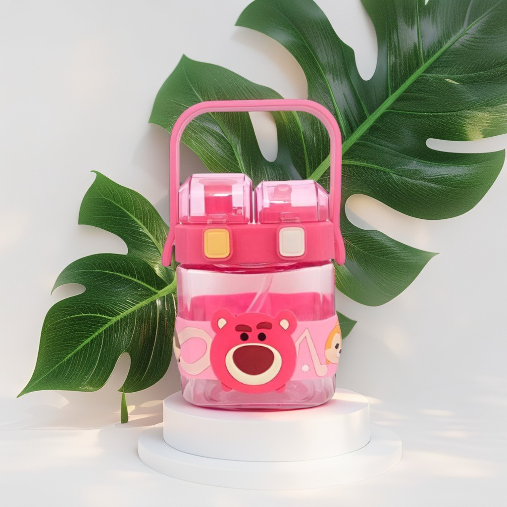 Disney Cartoon 2-in-1 Kids Water Bottle 600ml – Push Button Sipper + Straw | Leakproof Plastic Bottle with Neck Strap for School & Travel NOV10374.