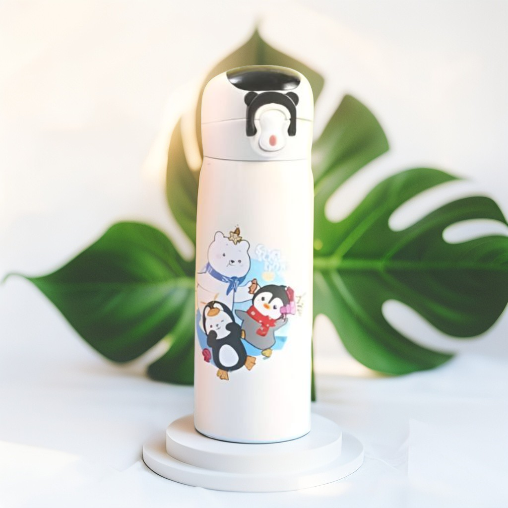 White - AquaJoy Stainless Steel Water Bottle for Kids – 450ml Cute Printed Push Button Sipper | Leak-Proof & BPA-Free | Ideal for School & Outdoor Use NOV8421.