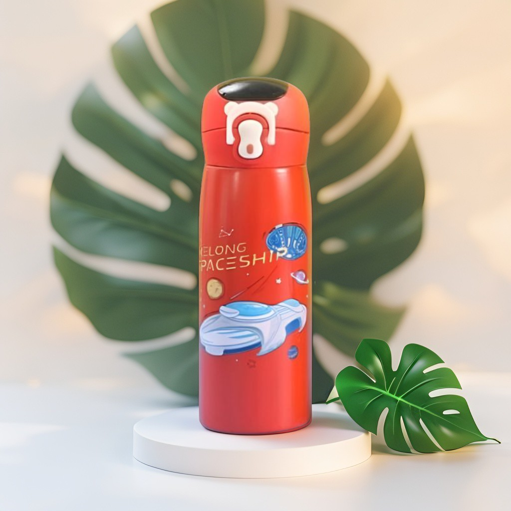 Red - AquaJoy Stainless Steel Water Bottle for Kids – 450ml Cute Printed Push Button Sipper | Leak-Proof & BPA-Free | Ideal for School & Outdoor Use NOV8421.