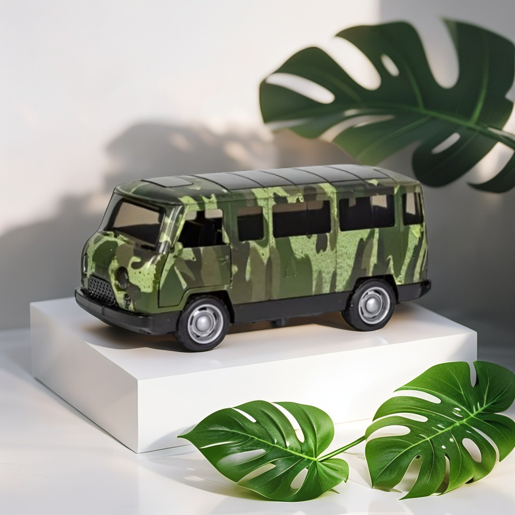 Military Print Minibus Die Cast Toy - Scale 1:36 Pull Back Action, Opening Doors, Durable Toy Model for Kids LMI15105.