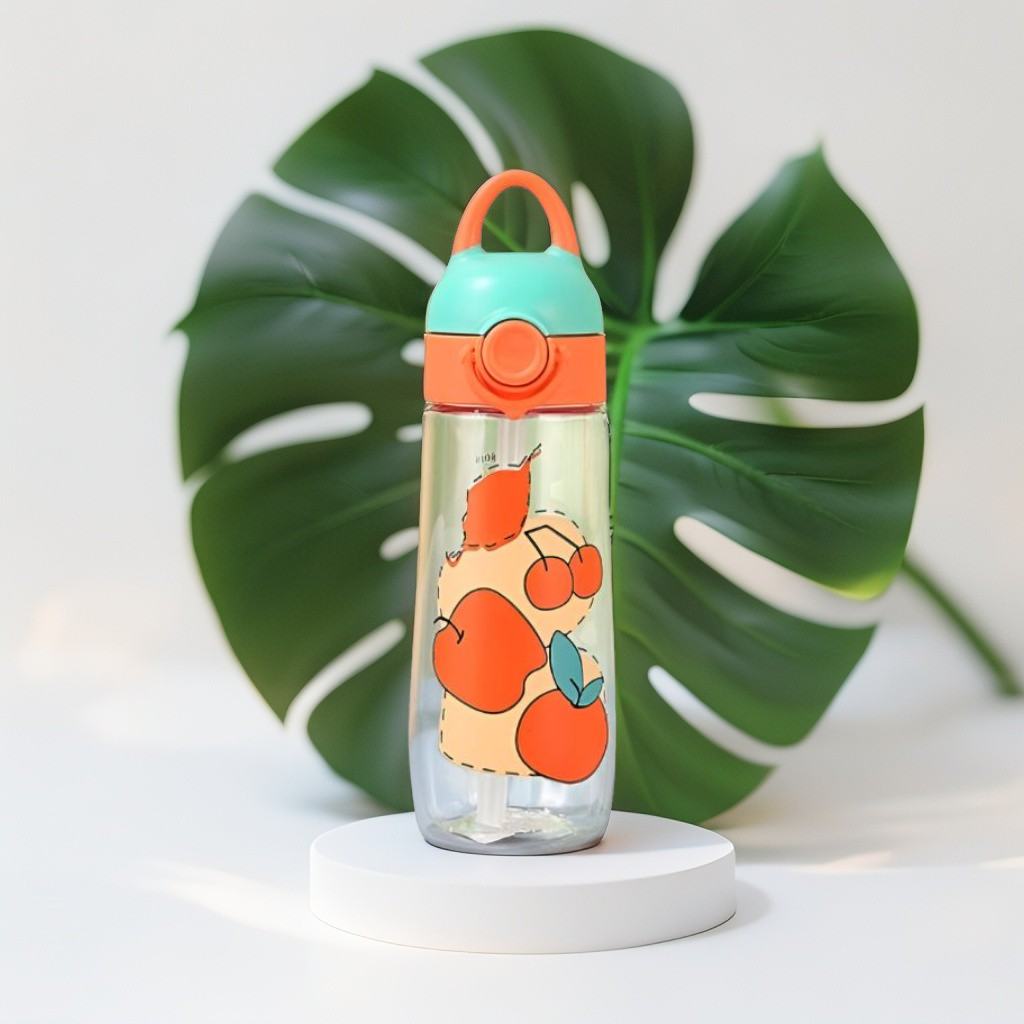 FruitSip - 380ml  Water Bottle for Kids with Straw | Non-Toxic & BPA-Free | Cute Cartoon Fruits  Print | Leak-Proof School & Travel Bottle for Boys & Girls NOV6323.