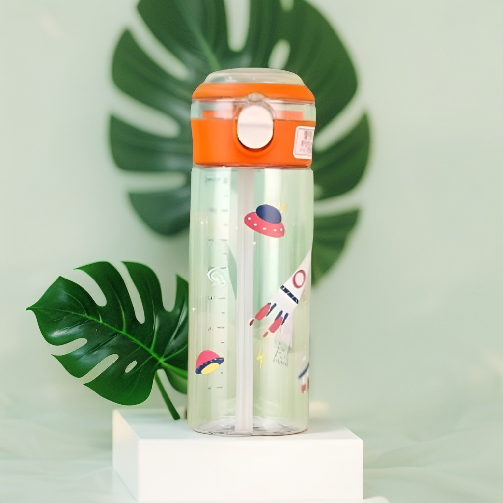 Orange - AstroDrip – 560 ml Water Bottle for Kids with Straw | BPA-Free & Non-Toxic | Fun UFO & Rocket Cartoon Print | Leak-Proof School & Travel Bottle for Boys & Girls NOV6328.
