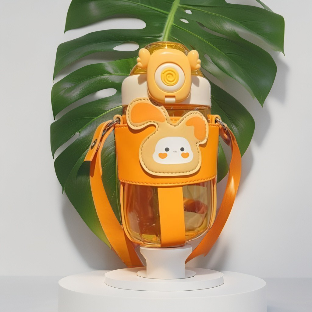 Cute Bunny 3D Face Water Bottle with Straw – 600ml Portable Leakproof Bottle with Strap for Kids, School, Sports & Travel NOV1339.