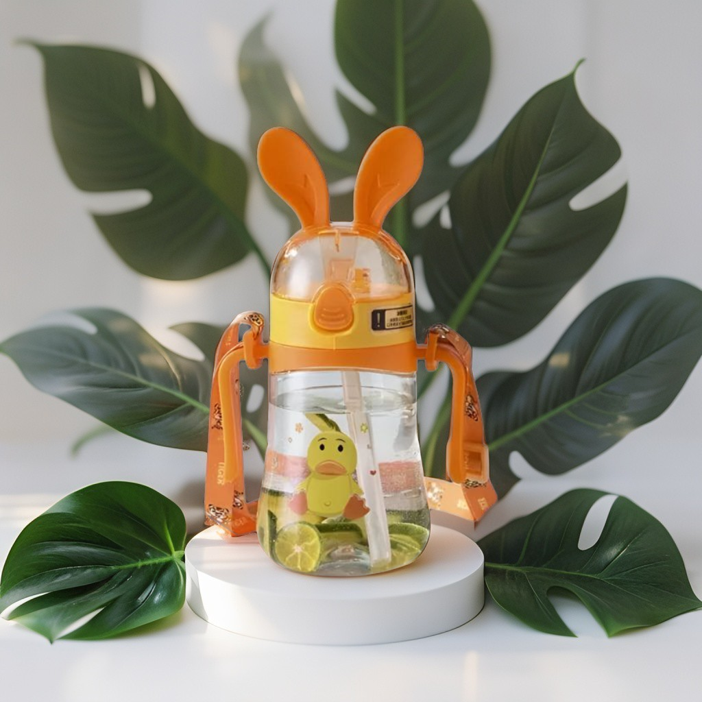 Orange - Bunny Ears Cartoon Water Bottle – 350ml Cute Leakproof Sipper with Straw for Kids NOV640.