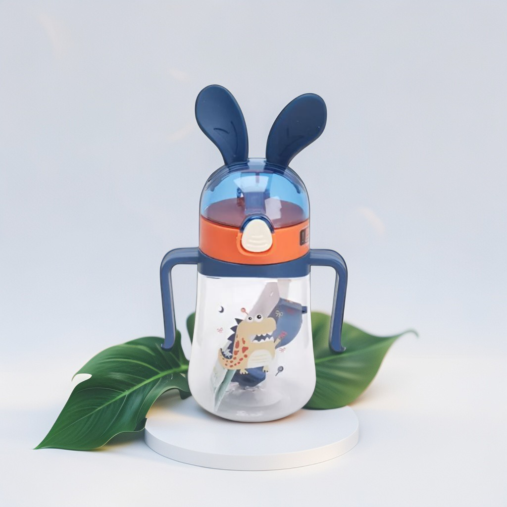 Blue - Bunny Ears Cartoon Water Bottle - 350ml Cute Leakproof Sipper with Straw for Kids NOV640.