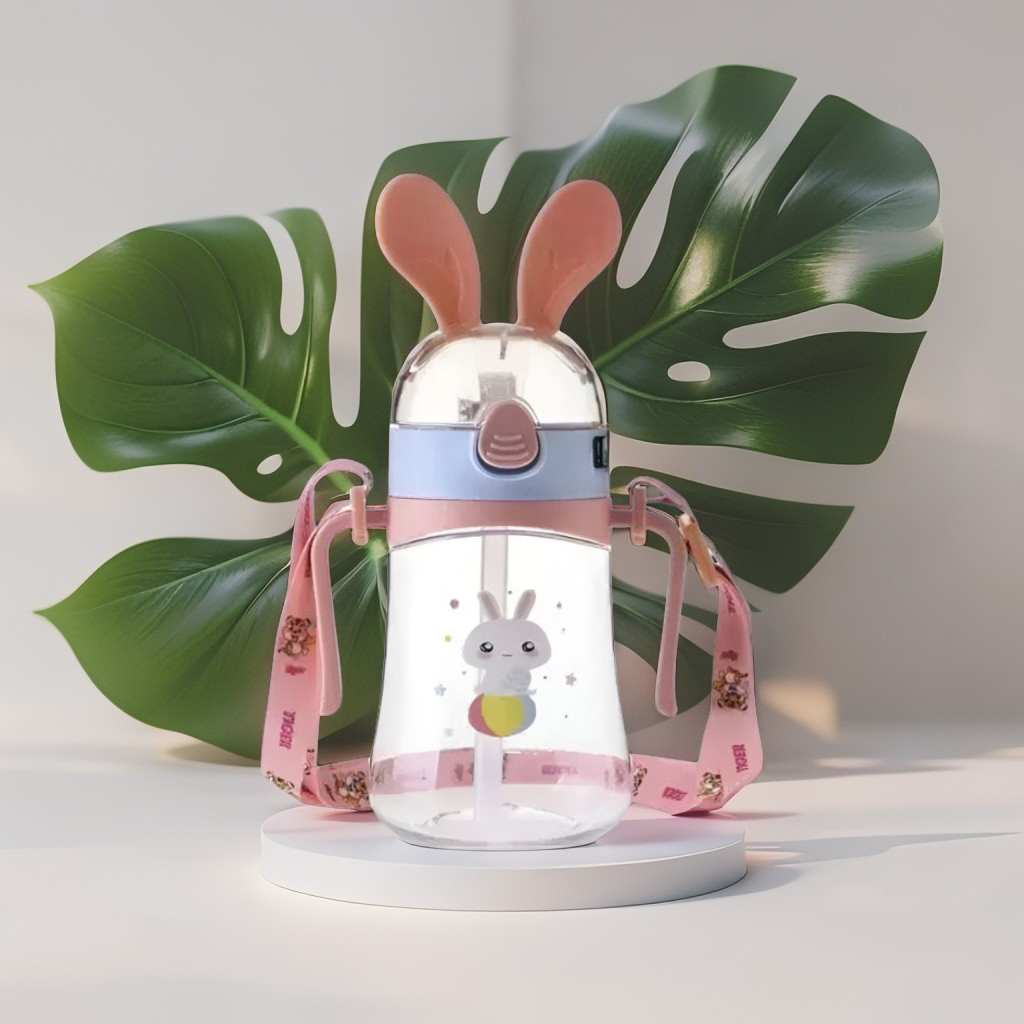 Bunny Ears Cartoon Water Bottle – 350ml Cute Leakproof Sipper with Straw for Kids NOV640.