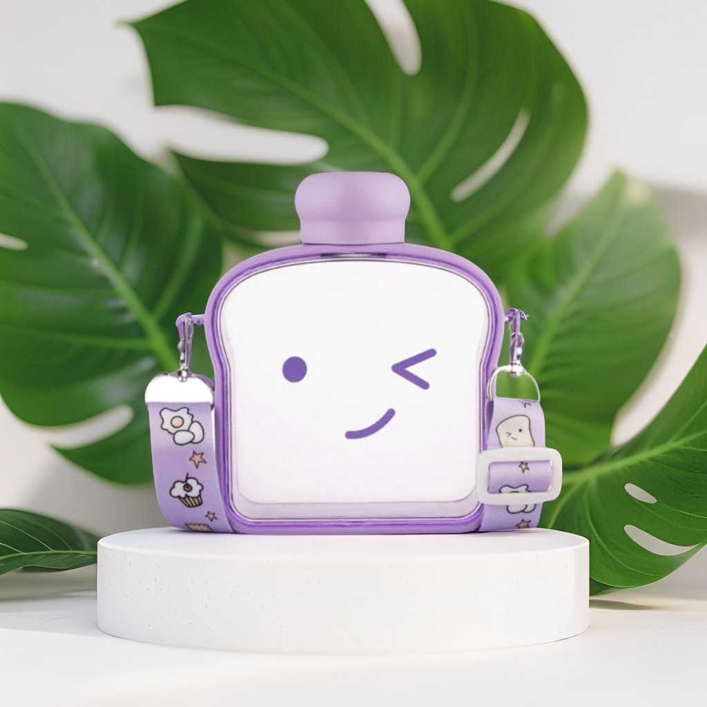 Bread-Shaped Smiley Face Plastic Water Bottle – 400ml Cute & Leakproof for Kids and Adults NOV538.