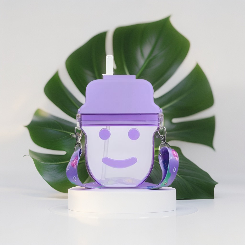 Purple - Cute Smiley Water Bottle with Straw – 300ML Plastic Bottle for Kids, School & Office Use NOV545.