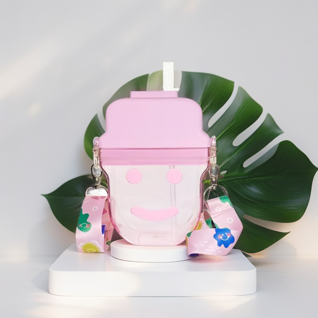 Cute Smiley Water Bottle with Straw – 300ML Plastic Bottle for Kids, School & Office Use NOV545.