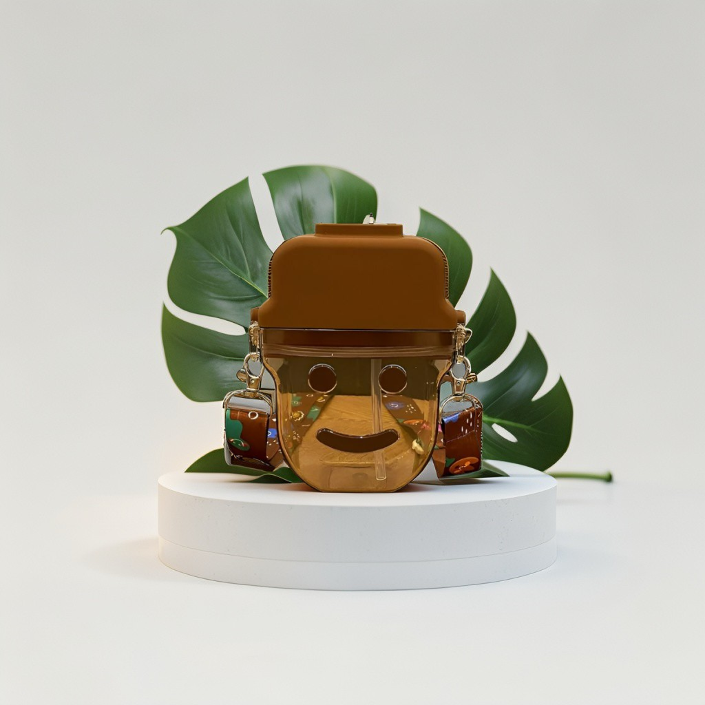 Brown - Cute Smiley Water Bottle with Straw – 300ML Plastic Bottle for Kids, School & Office Use NOV545.