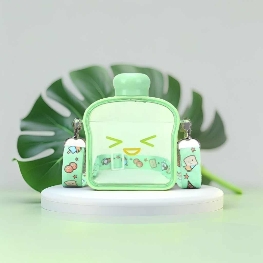 Green - Bread-Shaped Smiley Face Plastic Water Bottle – 400ml Cute & Leakproof for Kids and Adults NOV538.