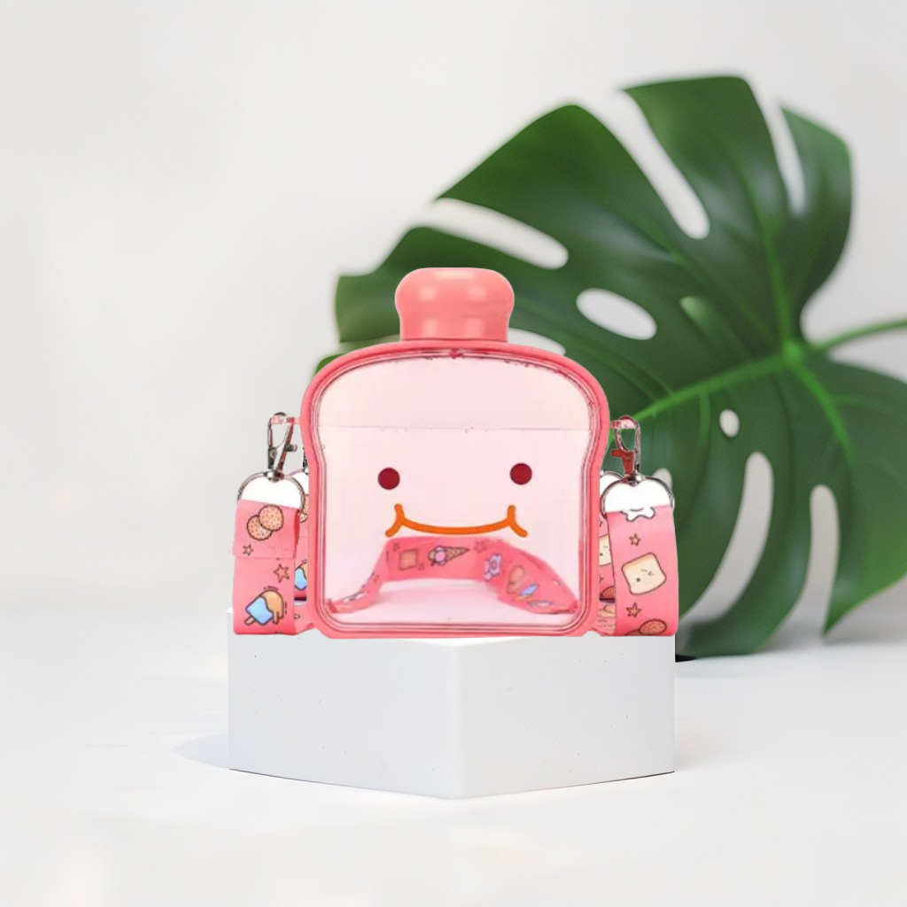 Pink - Bread-Shaped Smiley Face Plastic Water Bottle – 400ml Cute & Leakproof for Kids and Adults NOV538.