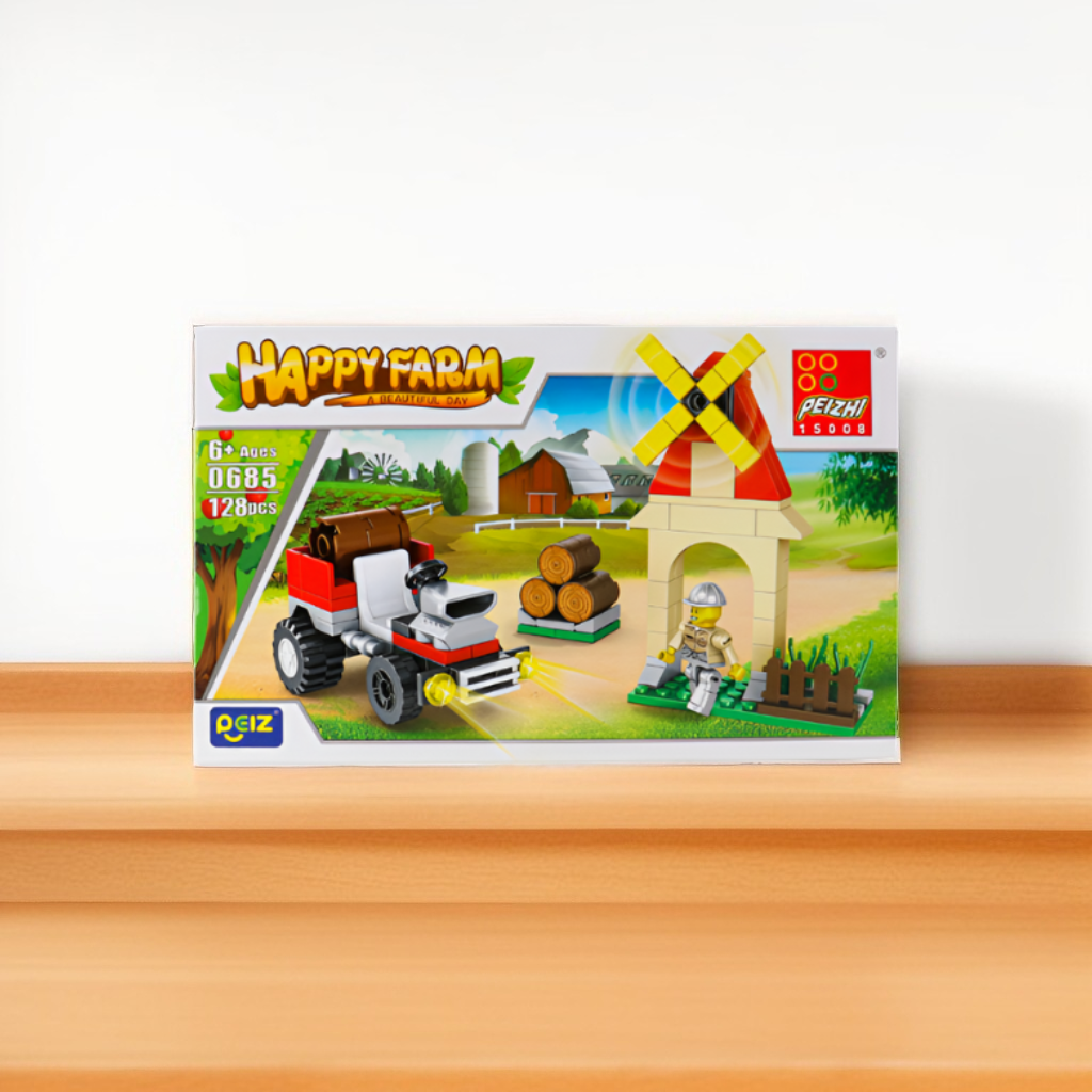 Happy Farm Building Blocks Set – 128-Piece Educational Tractor and Windmill Construction Toy for Kids TV4999.