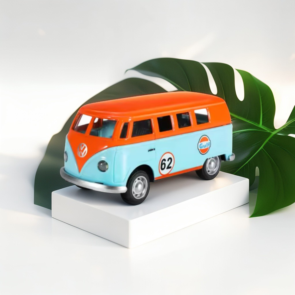 Volkswagen T1 Classic Bus Diecast Metal Toy Car - Gulf Livery - Pull Back Action with Lights & Sound - Scale 1/32.
