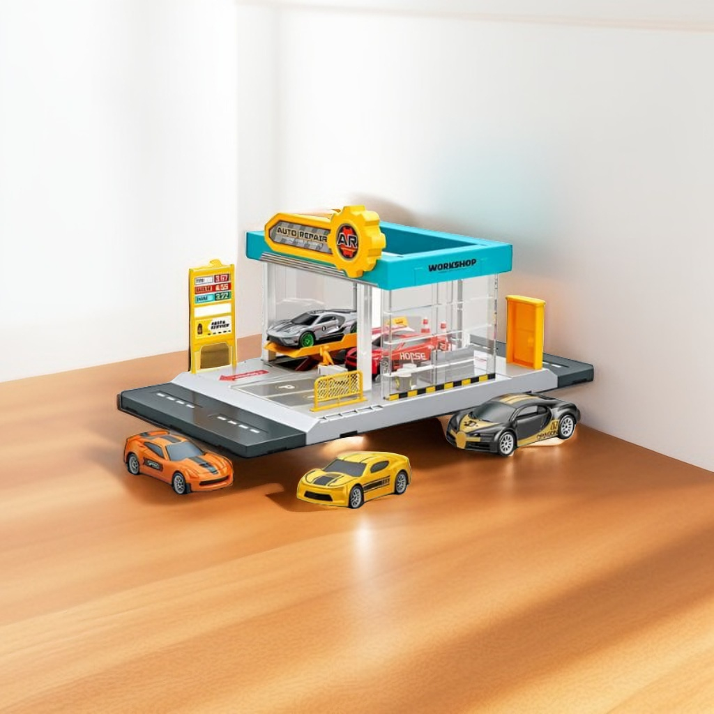 Mini Simulation Gas Station & Parking Lot Toy Set with 4 Alloy Cars – Interactive Repair Station Model for Kids.