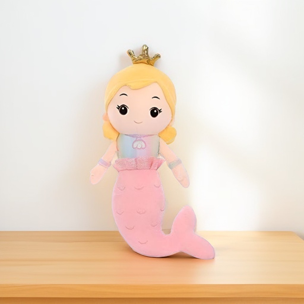 Pink - Kawaii Mermaid Plush Toy – Soft Cuddly Pillow with Crown, Cute Stuffed Doll for Girls, Fluffy Sleeping Companion & Decorative Throw Cushion 8 inch - MS9098.