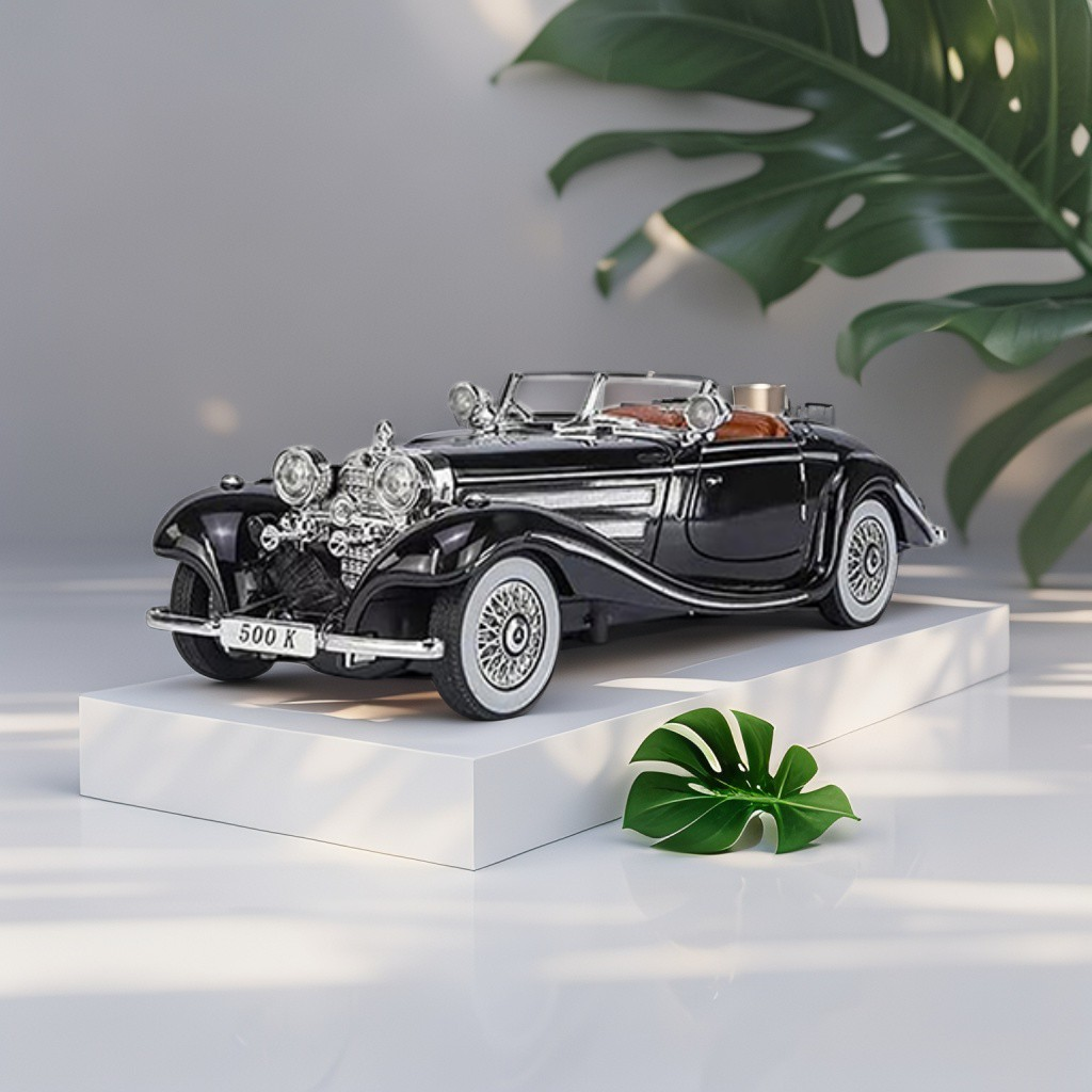 Black - Mercedes Benz 500K Model 1:24 Scale Diecast Car - Black Metal Collectible | NX-N-24 - Acrylic Transparent Box.