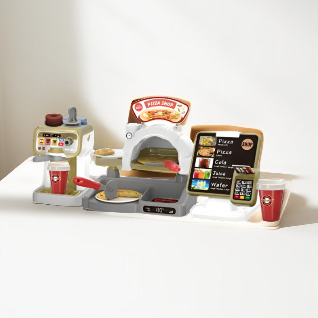 Mini Pizza Shop Play Set  –  Pretend Pizza Oven, Coffee Maker & Cash Register Toy Kitchen for Kids LMI15728.