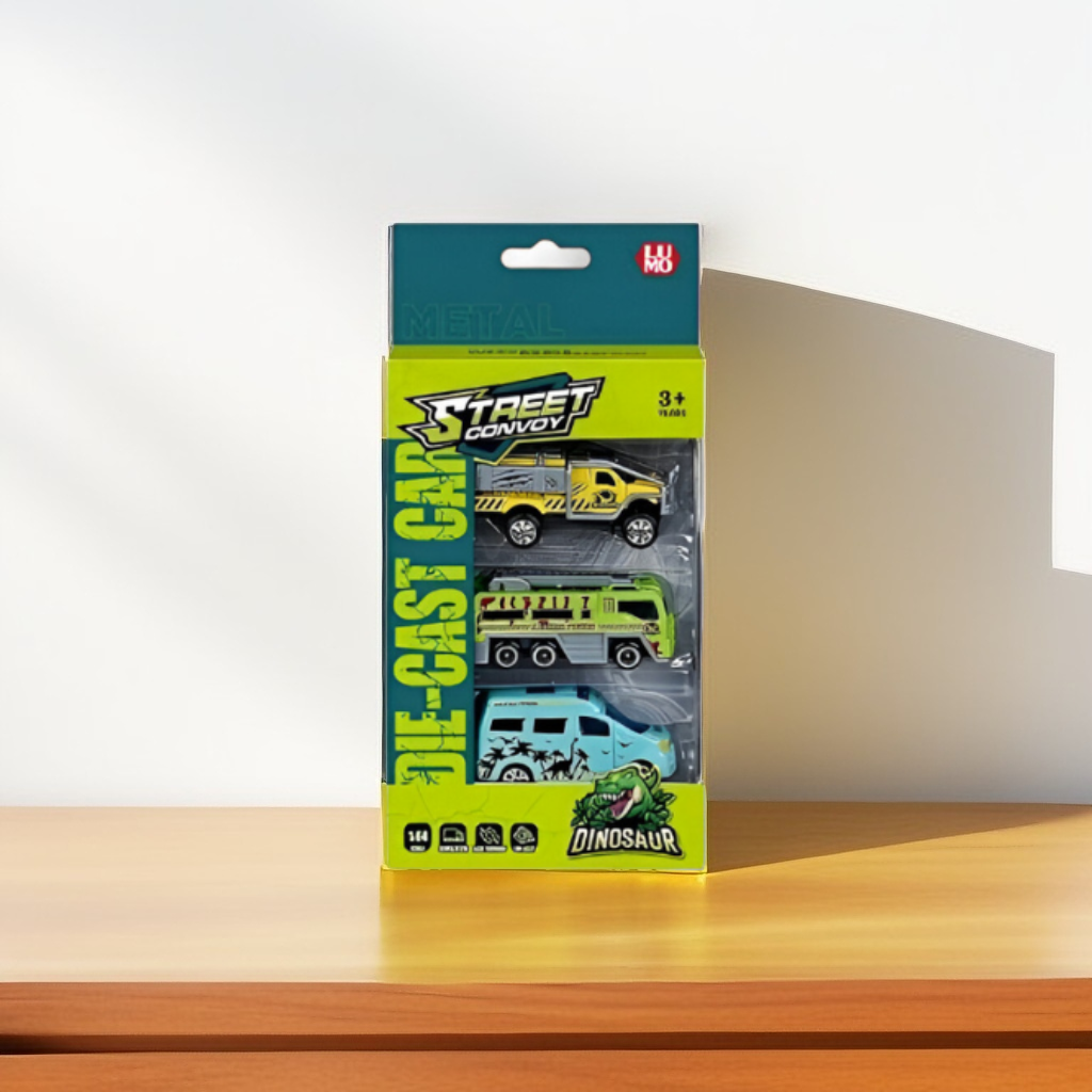 3-Pack Die-Cast Metal Toy Car Set | Dinosaur Theme Street Convoy Vehicles LMI15666