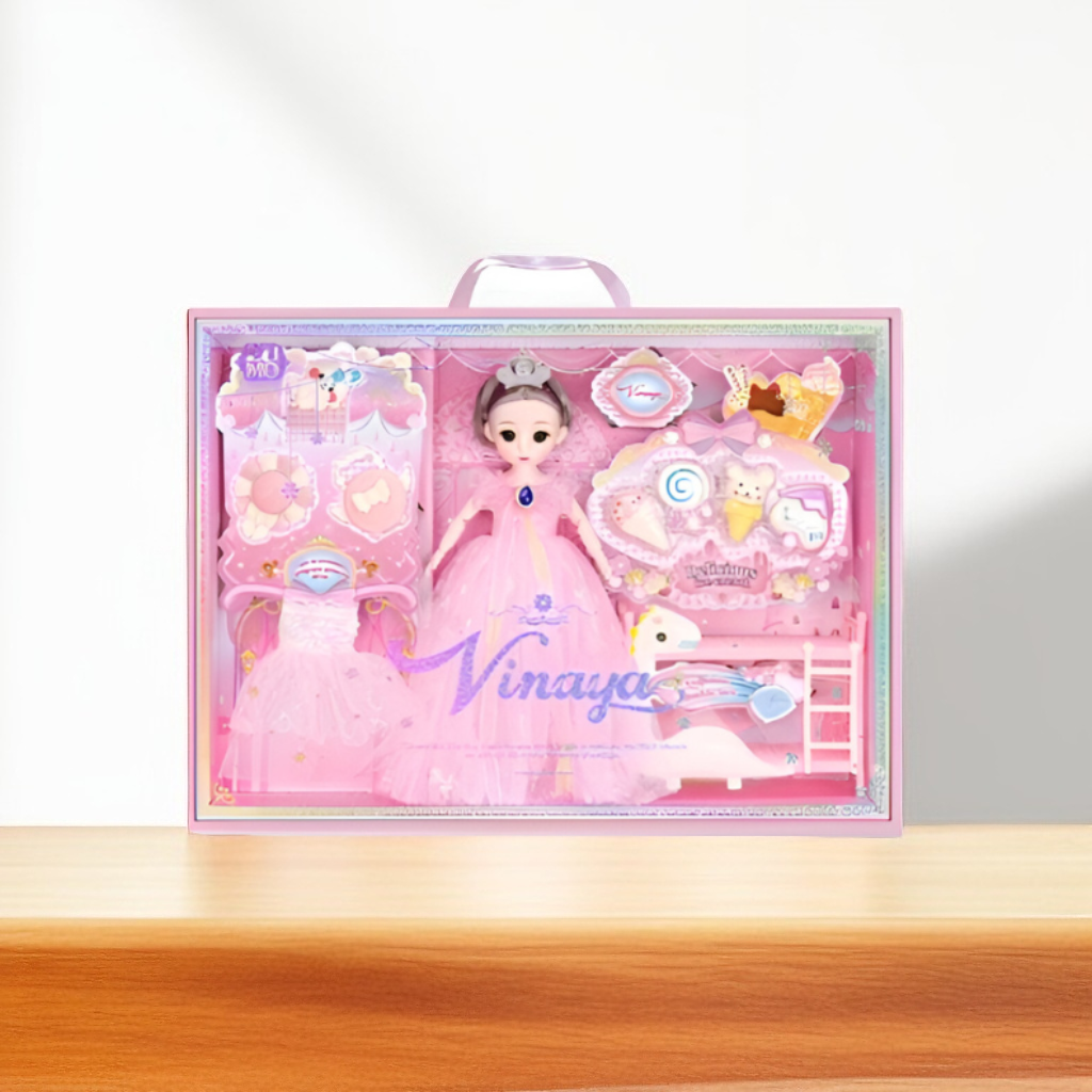 Vinaya Pink Princess Doll Playset with Extra Dress, Bedroom Furniture & Ice Cream Shop Accessories | Deluxe Dollhouse Toy Gift for Girls NX15279