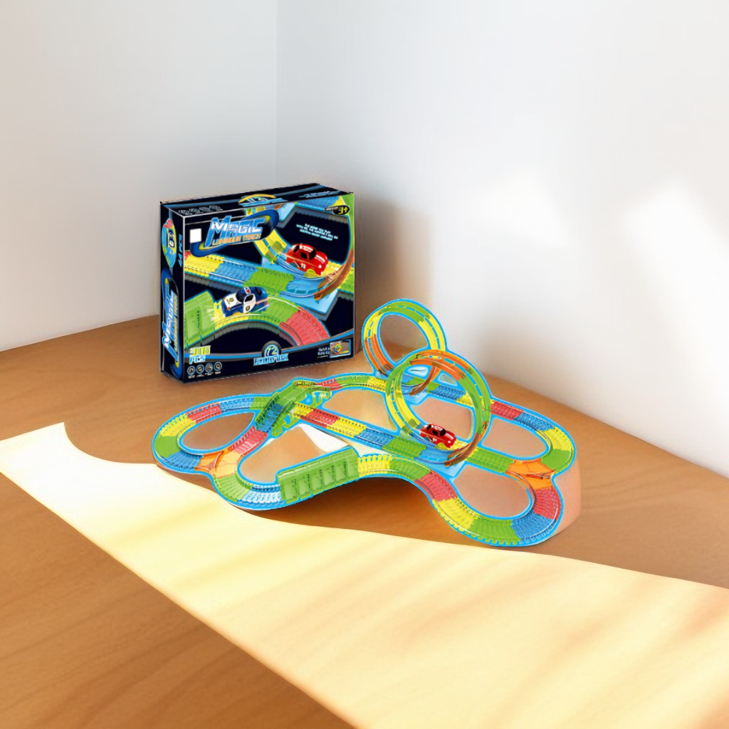 Magic Luminous Race Track Set - 316 Pcs Glow-in-the-Dark Flexible Toy Track with 2 B/O Light-Up Cars LMI10472.